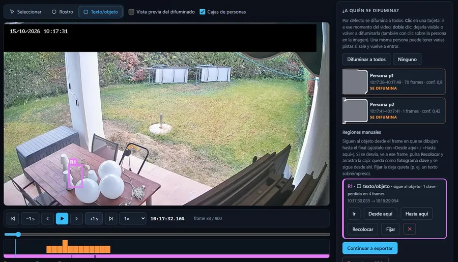 Pantalla de difuminado de RecTap con la lista de personas detectadas